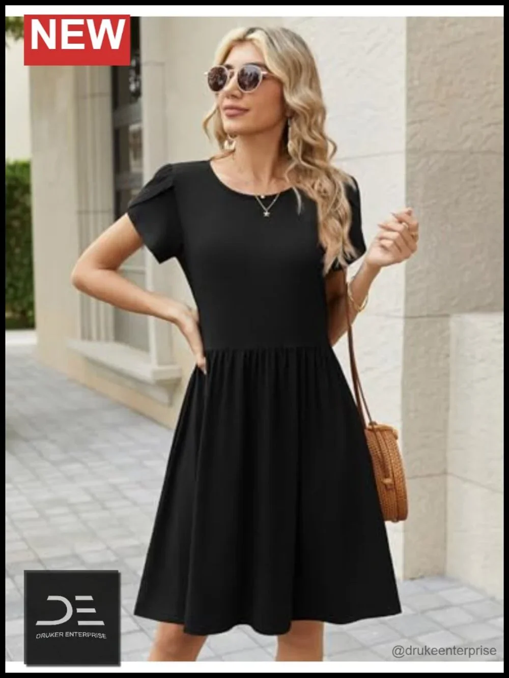 Short Sleeve A-Line Mini Swing Dress with Pockets